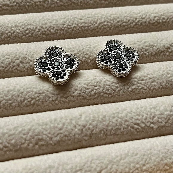 Elegant Silver and Black Stud Earrings - Picture 3 of 7